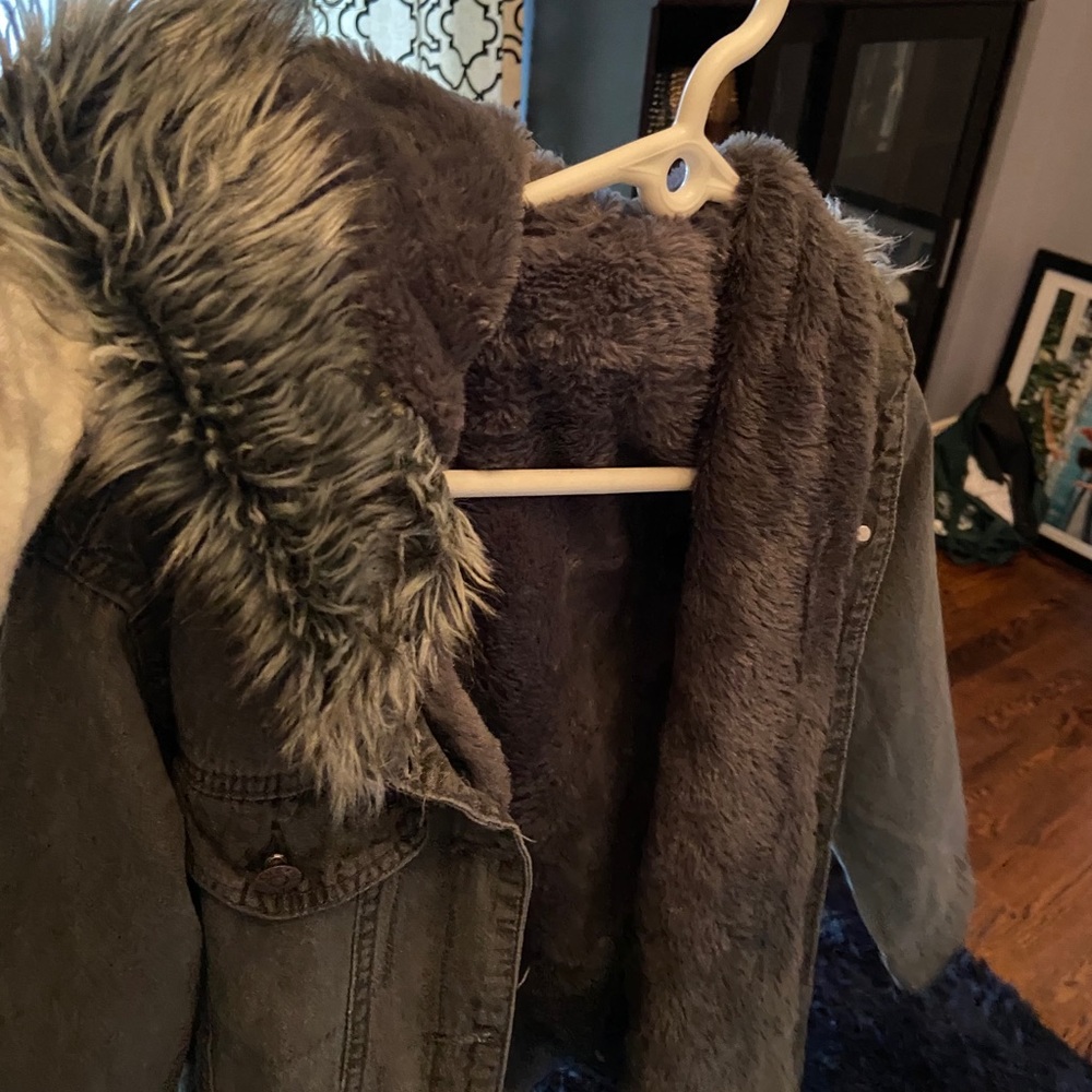 Denim faux Fur jacket- lined and trim on hood